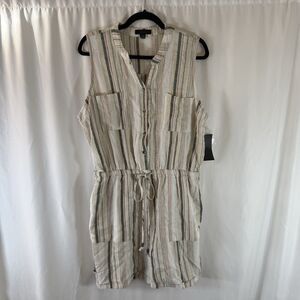 New Kelly Renee Romper Womens Large Beige Striped Linen Blend Pockets Drawstring